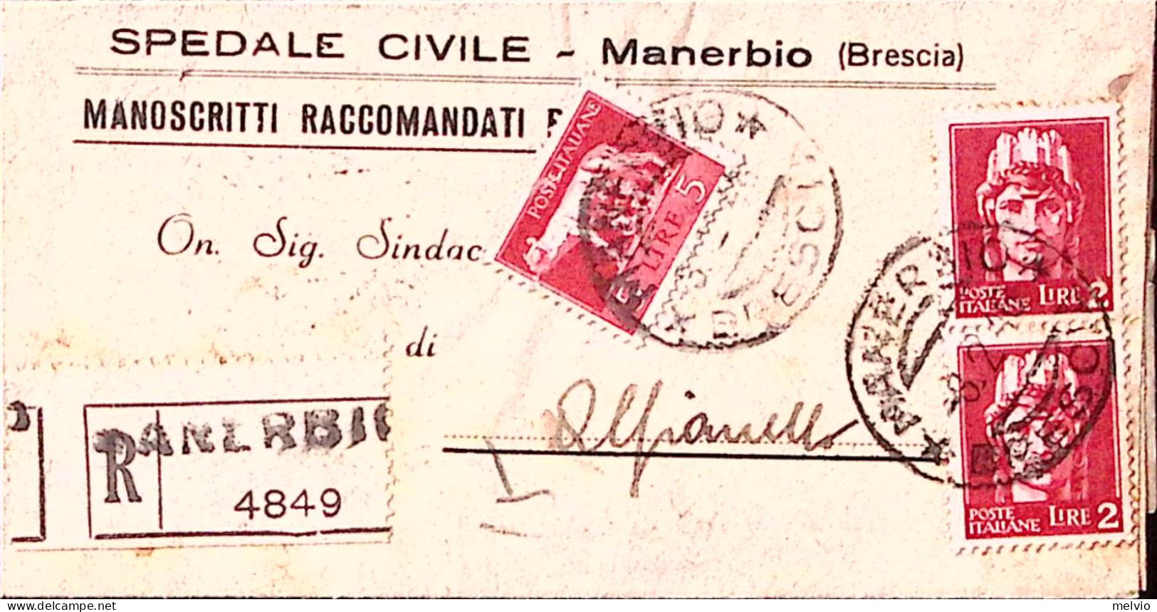 1946-Imperiale Senza Fasci Lire 5 E Coppia Lire 2 Su Piego Raccomandato Manerbio - Marcophilia