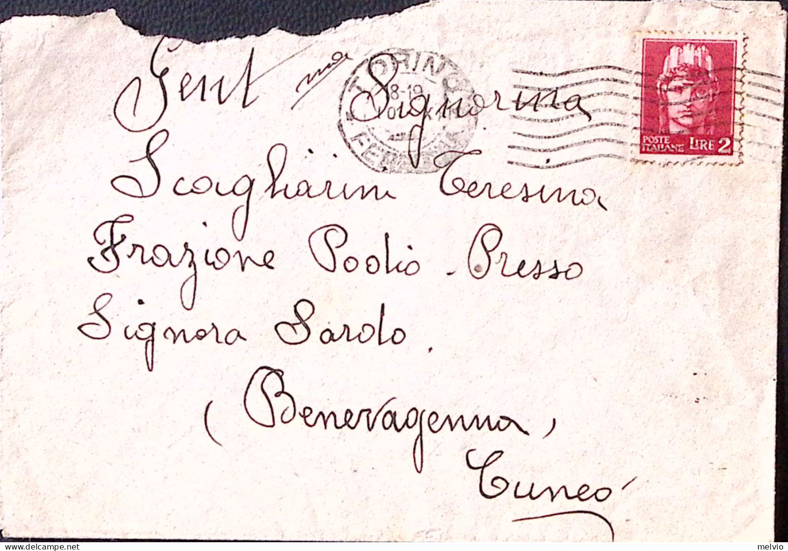 1945-Imperiale Senza Fasci Lire 2 (541) Isolato Su Busta Torino (10.10.45) - Marcophilie