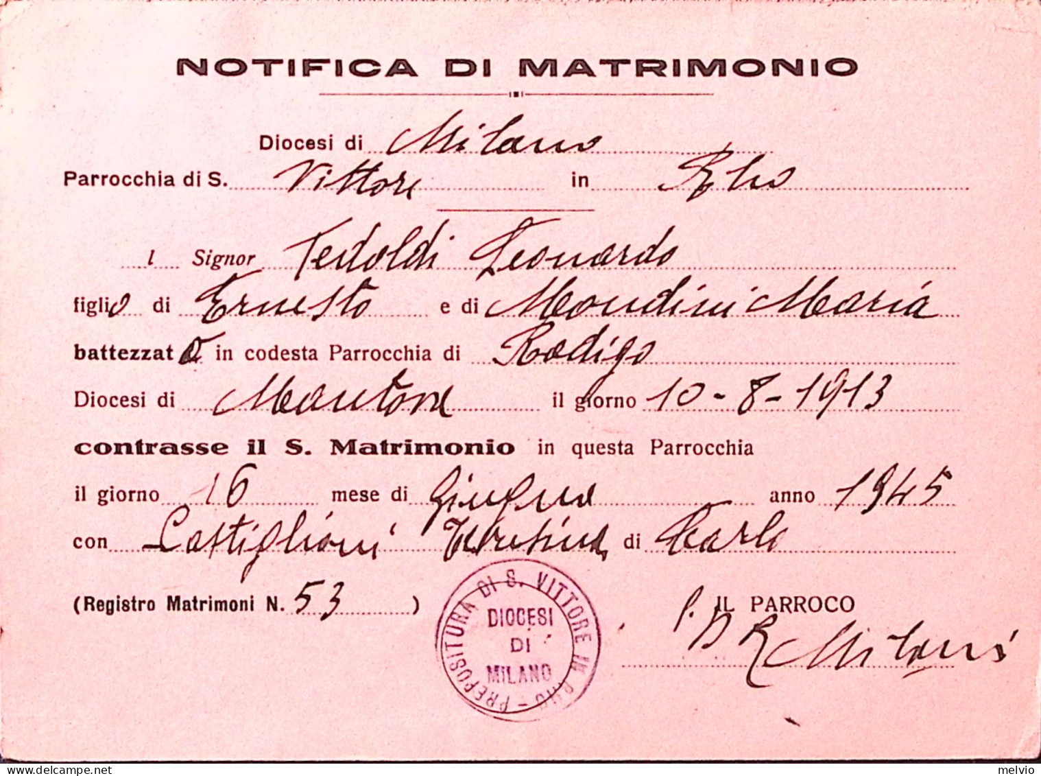 1945-Imperiale C.5, 15 + Monumenti C.30 Su Notif. Matrimoniale Rodigo (28.8.45) - Marcophilie
