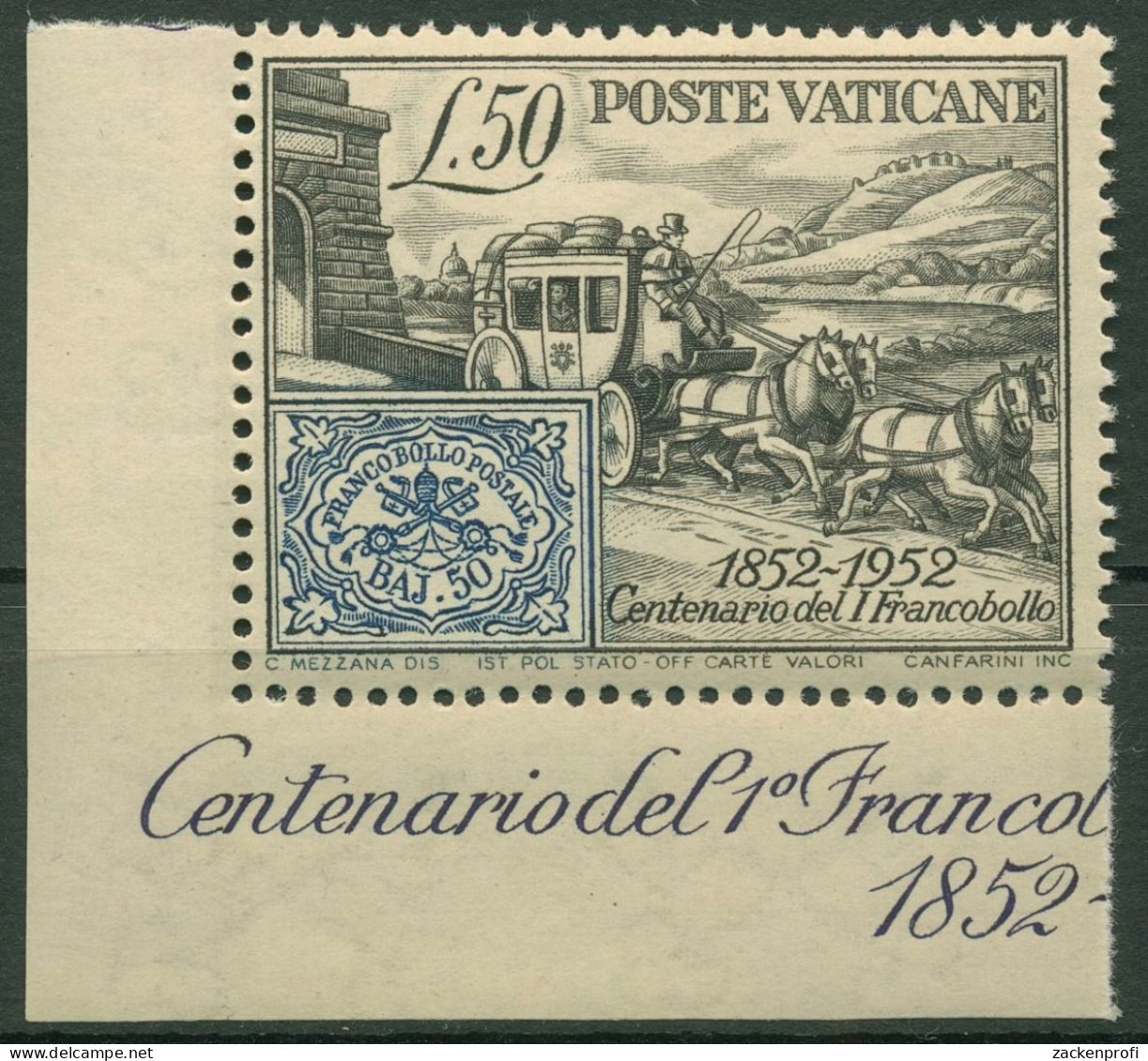 Vatikan 1952 100 Jahre Briefmarken Postwagen 188 C, Blockeinzelmarke Postfrisch - Unused Stamps