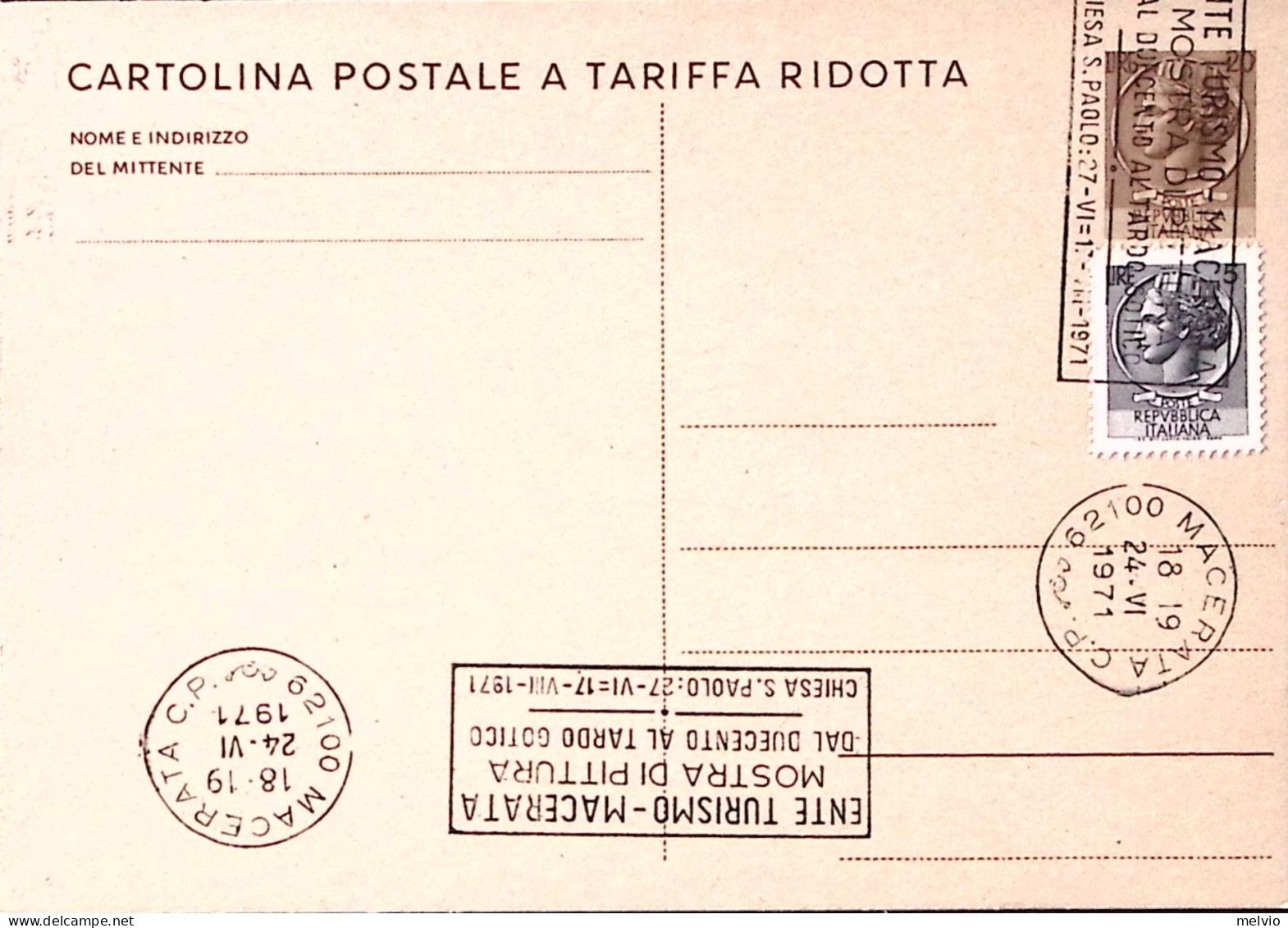 1971-MACERATA MOSTRA PITTURA TARDO GOTICO (24.6) Annullo Speciale Su Cartolina P - 1971-80: Marcophilie