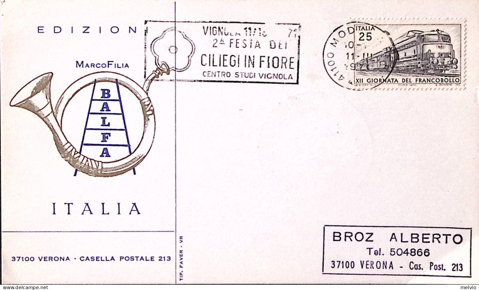 1971-VIGNOLA 2 FESTA CILIEGI IN FIORE (11.3) Annullo Speciale Su Cartolina - 1971-80: Marcophilie