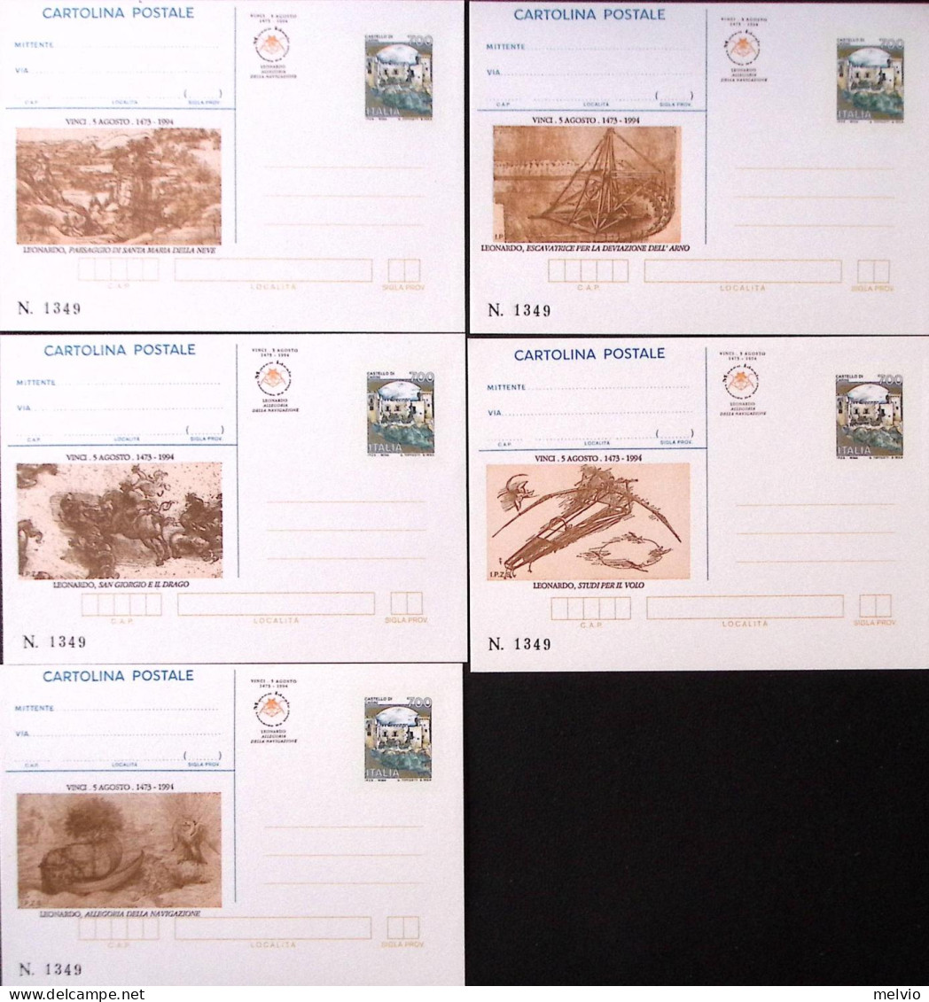 1994-LEONARDO DA VINCI 5 Cartoline Postali Lire 700 IPZS Nuove Racchiuse Nei 2 F - Interi Postali