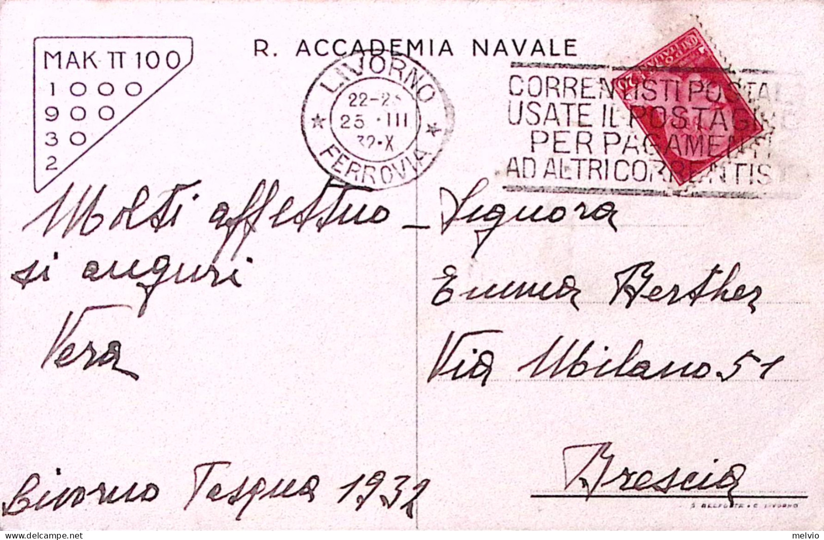 1932-REGIA ACCADEMIA NAVALE MAK 100 Viaggiata Livorno (25.3) - Patriotic