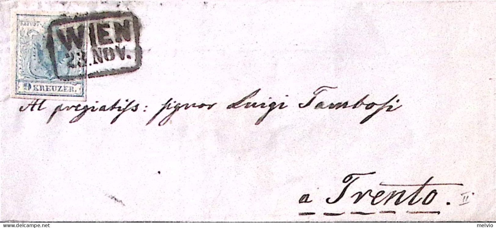 1856-AUSTRIA K.9 (5) Su Soprascritta Vienna 23.11.(.) Per Trento - Autres & Non Classés