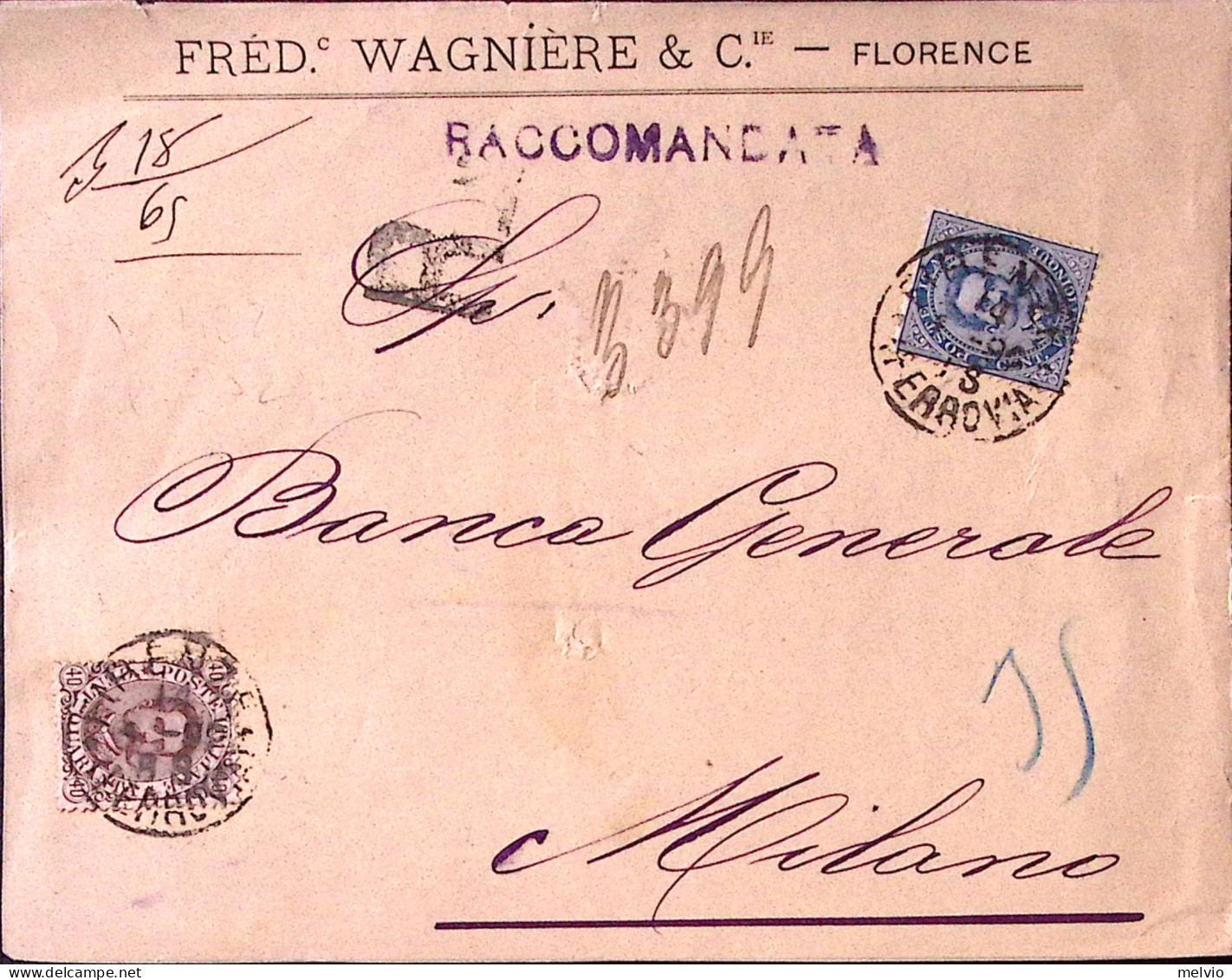 1896-effigie C.40 E 25 (40+45) Su Frontespizio Intero Di Raccomandata Firenze (1 - Storia Postale