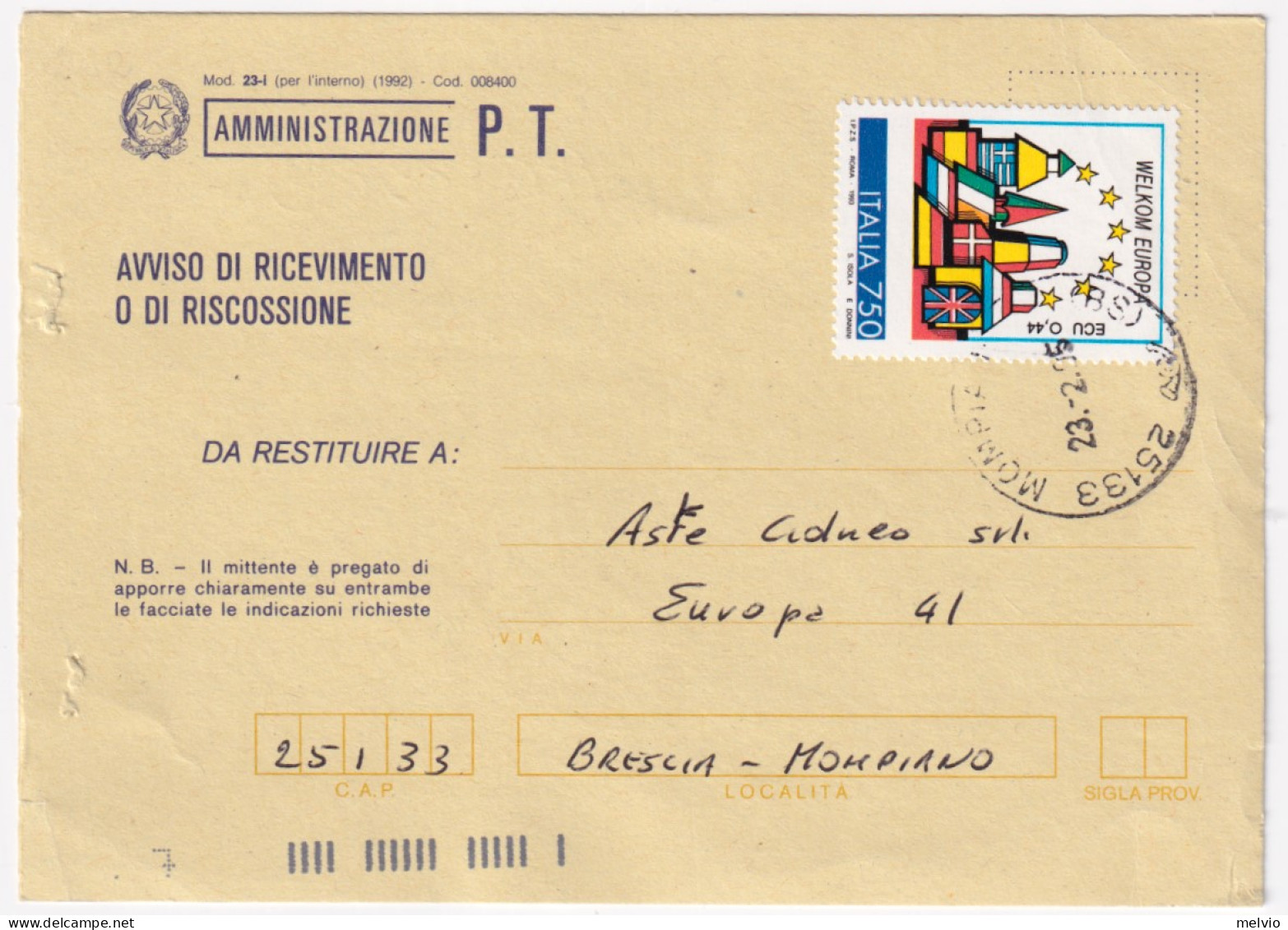 1993-COMUNITA' EUROPEA Lire 750 OLANDA (2042) Isolato Su Avviso Ricevimento - 1991-00: Storia Postale