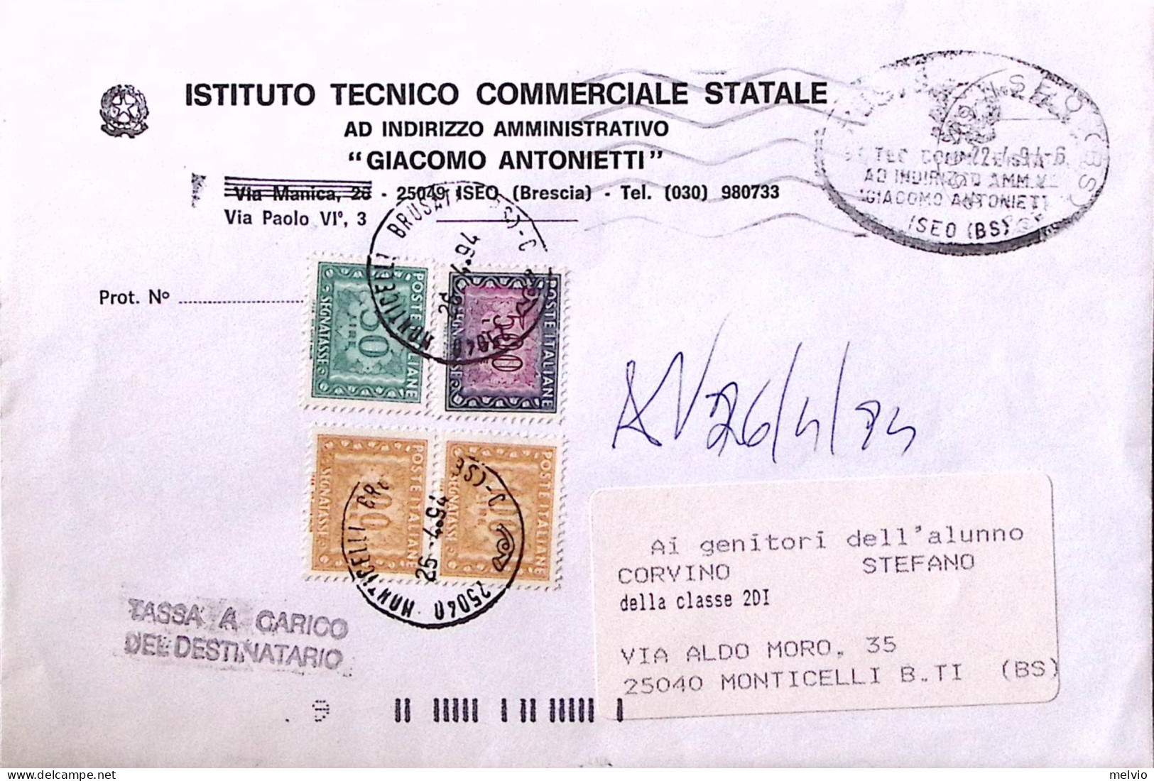 1994-Segnatasse Lire 500+ Lire 50 E Coppia Lire 100 Su Busta Tassa Carico Destin - 1991-00: Storia Postale