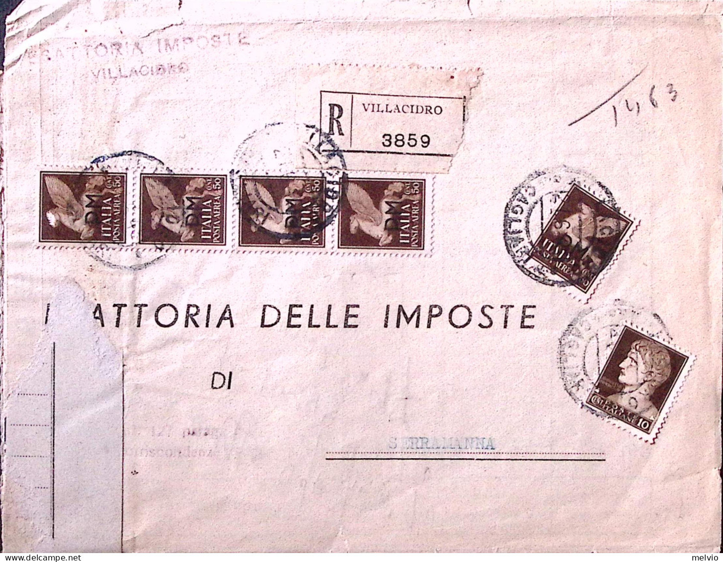 1945-Posta Aerea Sopr. PM Cinque C.50 (14) + Imperiale C.10 (245) Su Raccomandat - Marcophilie