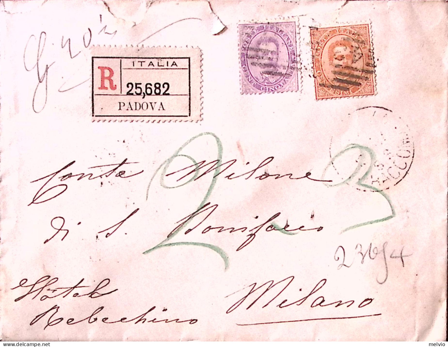 1887-effigie C.10 E 50 (39+42) Su Raccomandata Padova (19.10) - Storia Postale