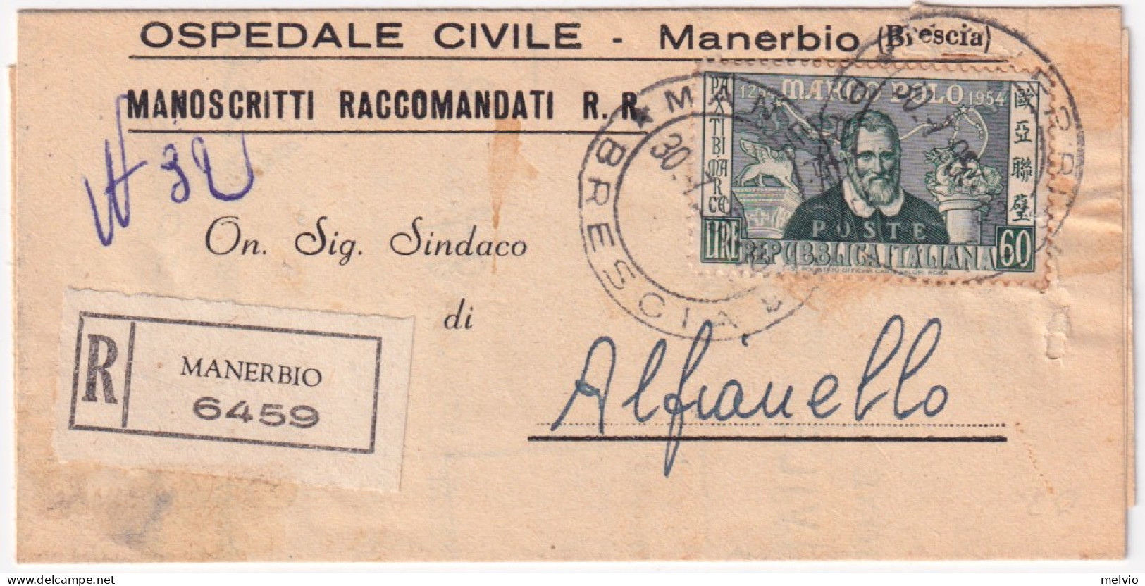 1954-MARCO POLO Lire 60 (742) Isolato Su Piego Raccomandato Manerbio (30.7) - 1946-60: Poststempel
