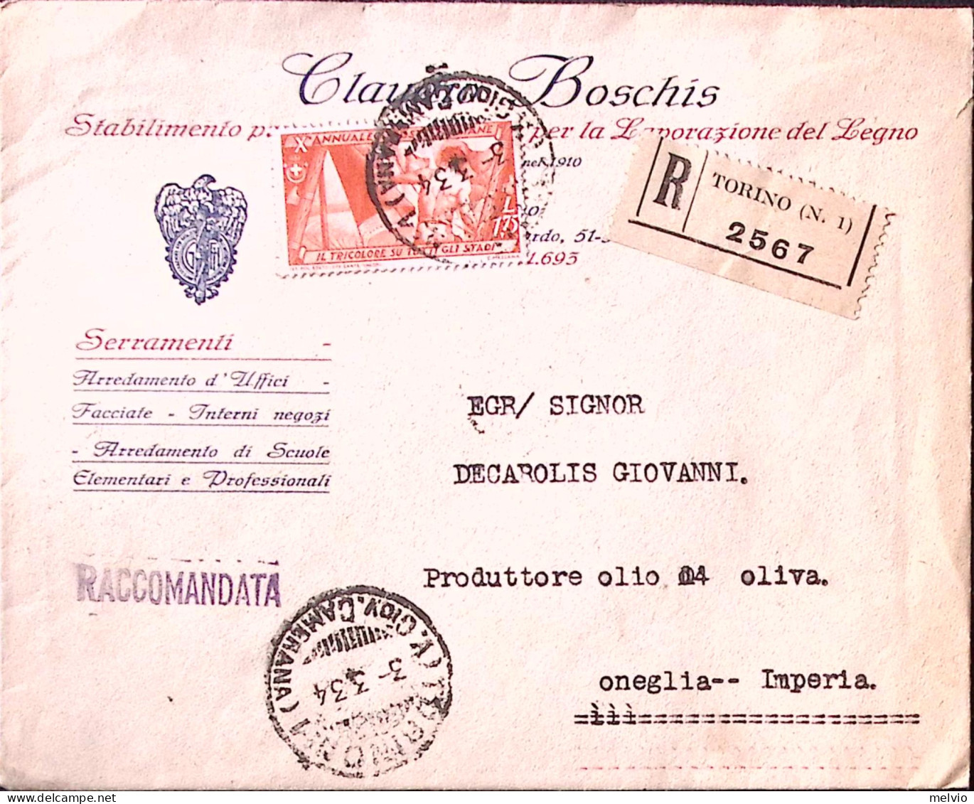 1934-DECENNALE Lire 1,75 Isolato Su Raccomandata Torino (3.3) - Poststempel
