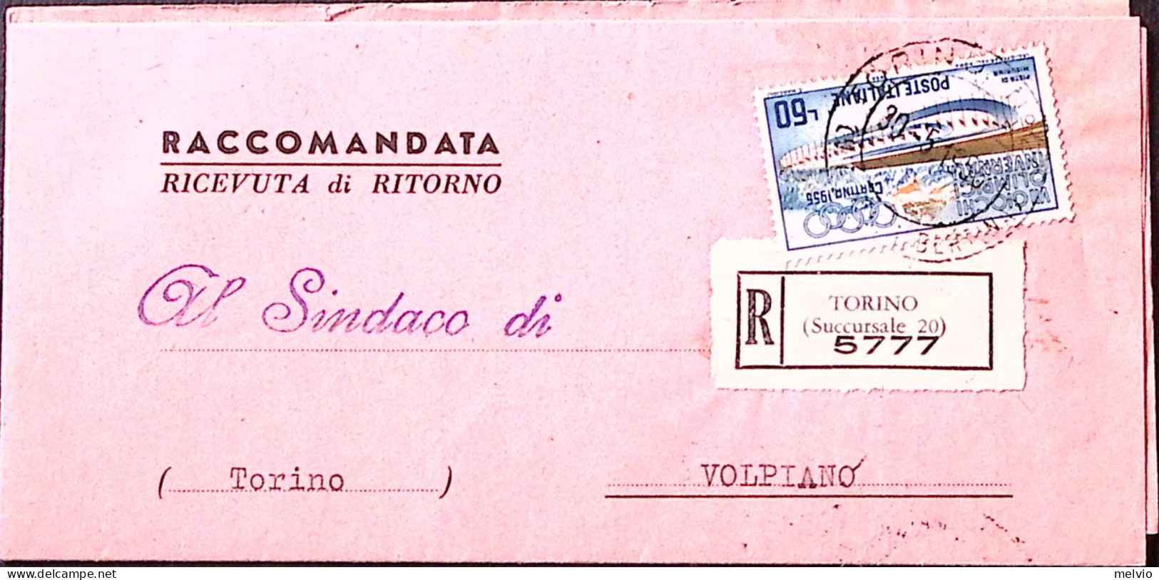 1956-Giochi Invernali Lire 60 Isolato Su Piego Raccomandato Torino (30.5) - 1946-60: Poststempel