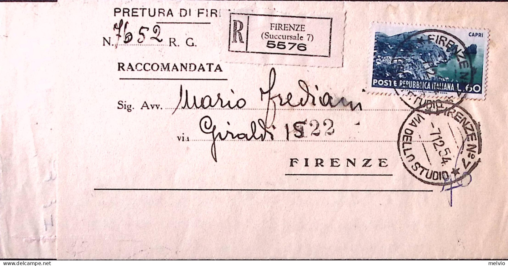 1954-TURISTICA Lire 60 (732) Isolato Su Piego Raccomandato Firenze (7.12) - 1946-60: Poststempel