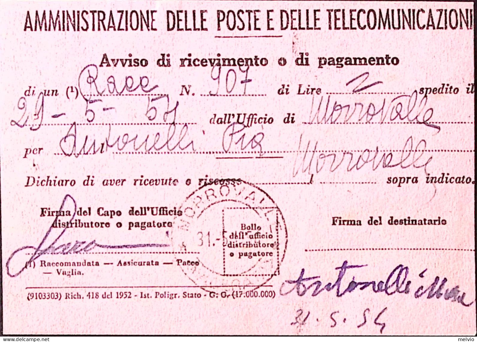 1954-TURISTICA Lire 20 (729) Isolato Su Avviso Ricevimento - 1946-60: Poststempel