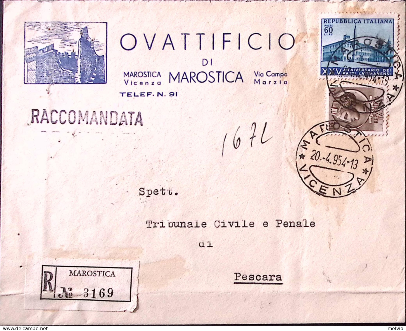 1954-PATTI LATERANENSI Lire 60 + Siracusana Lire 20 (714+734) Su Busta Raccomand - 1946-60: Poststempel