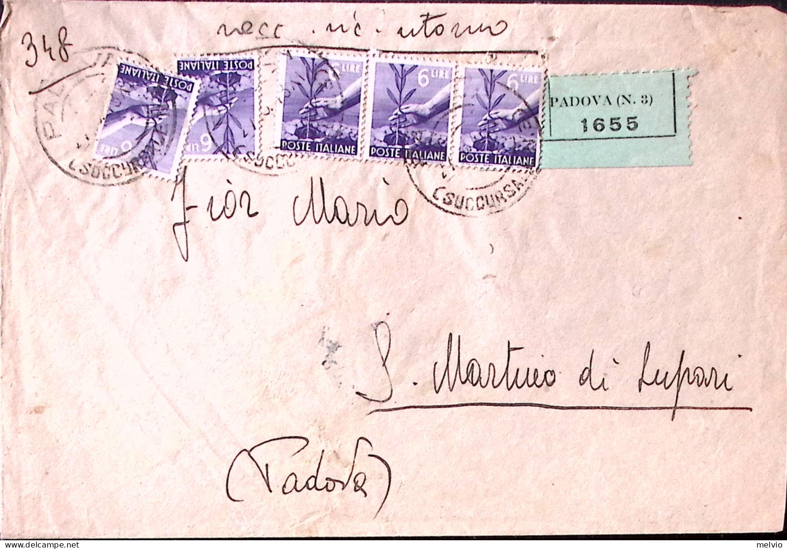 1948-Democratica Cinque Lire 6 (556) Su Raccomandata Padova (27.3) - 1946-60: Poststempel