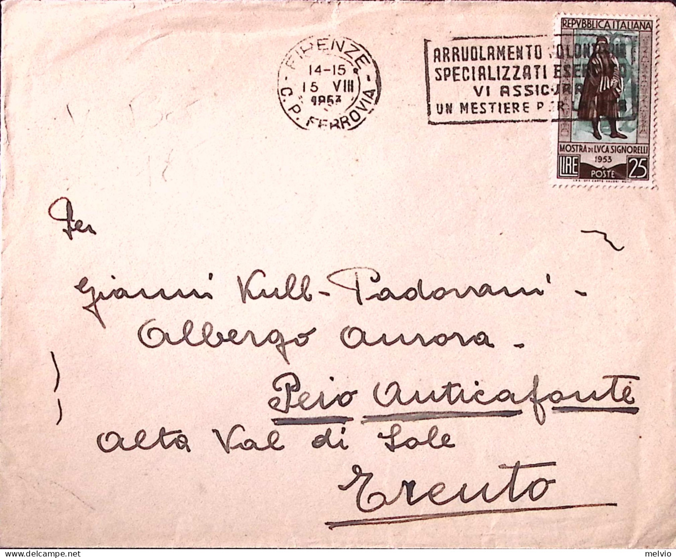 1953-SIGNORELLI Lire 25 (725) Isolato Su Busta - 1946-60: Poststempel