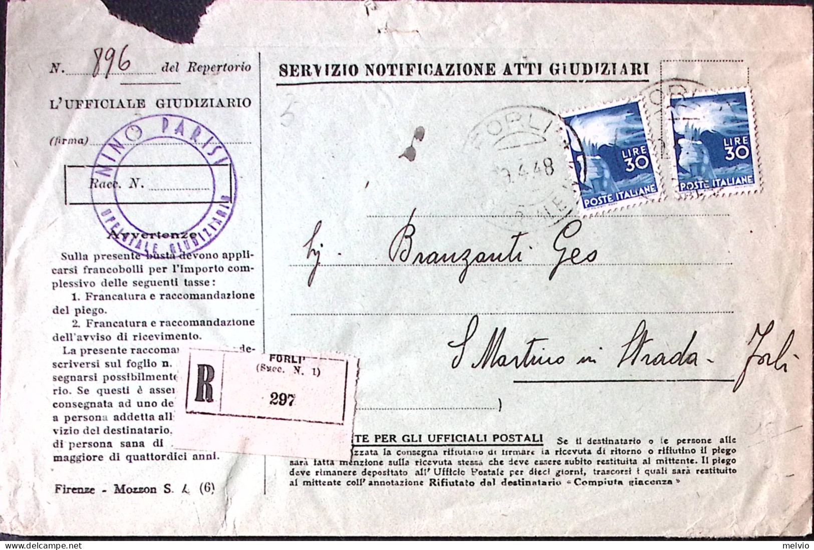 1948-Democratica Due Lire 30 (563) Su Notificazione Atti Giudiziari Forlì (19.4) - 1946-60: Poststempel