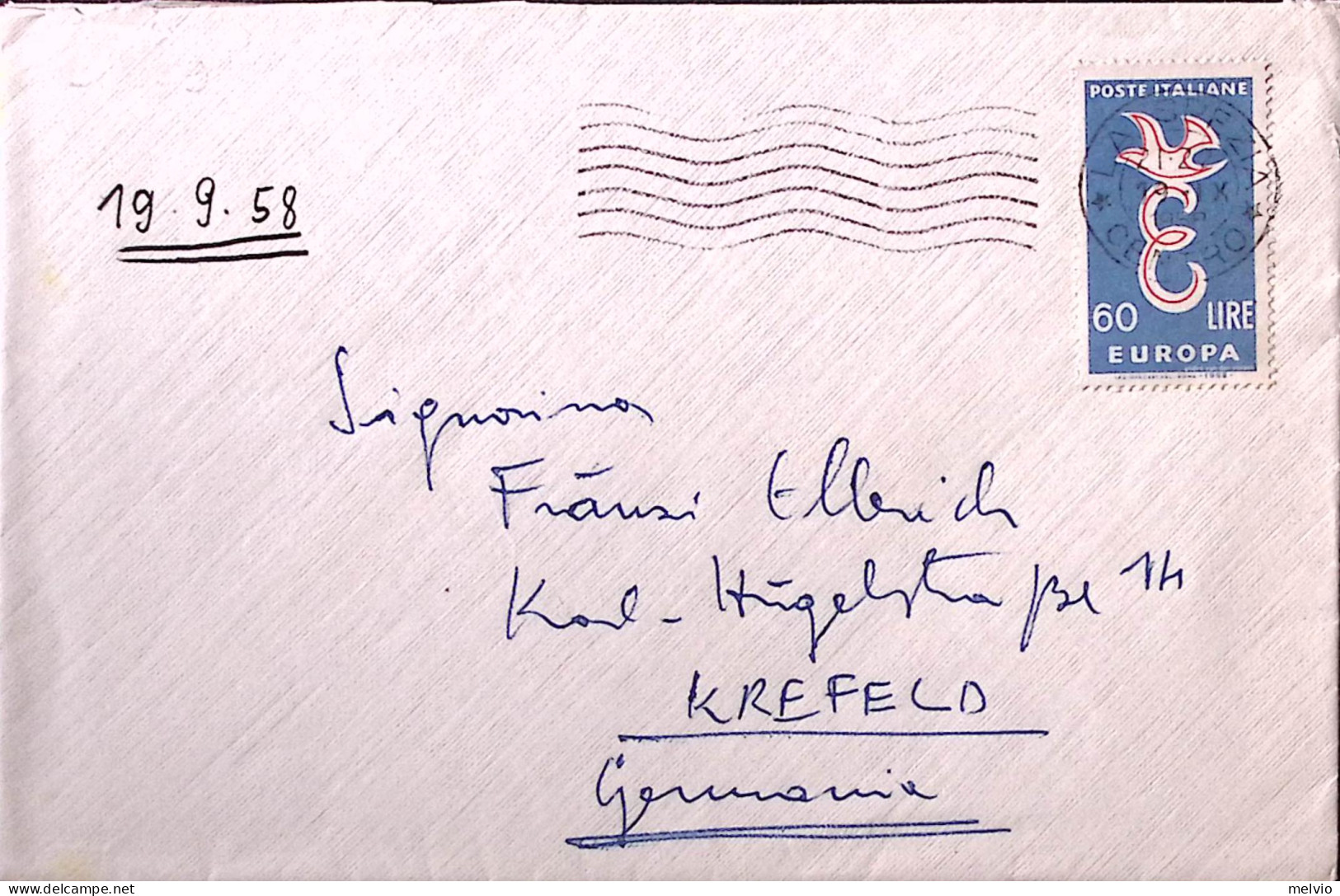 1958-EUROPA '58 Lire 60 Isolato Su Busta Per La Germania - 1946-60: Poststempel