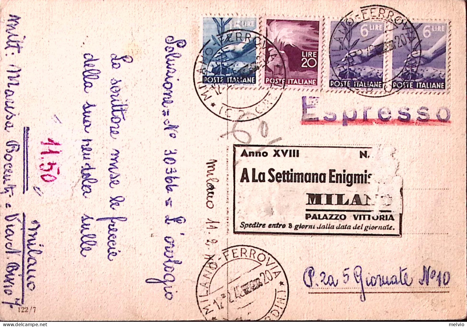1949-Democratica Lire 15, 20 E Coppia Lire 6 (556+560/1) Su Cartolina Espresso - 1946-60: Poststempel