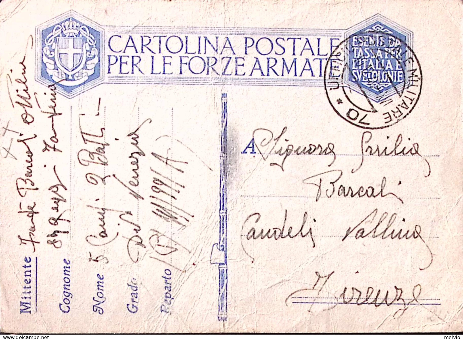 1940-Posta Militare/N 70 C.2 (10.12) Su Cartolina Franchigia - Poststempel