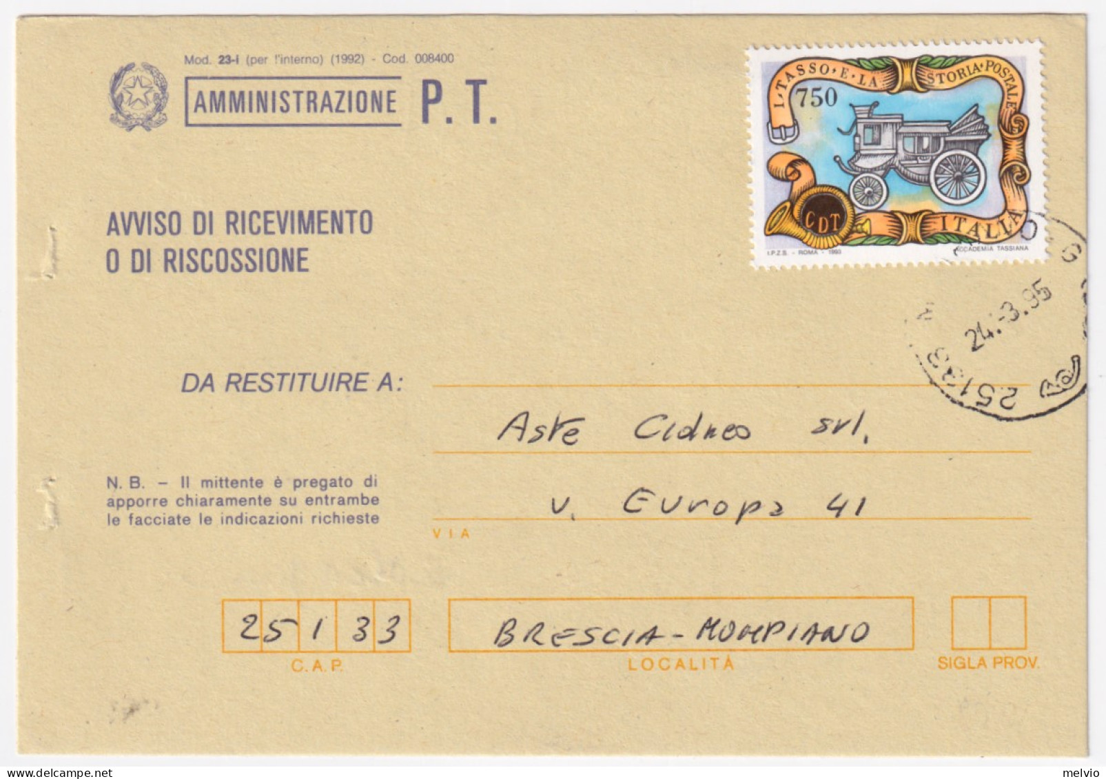 1995-TASSO E STORIA POSTALE Lire 750 (2074) Isolato Su Avviso Ricevimento - 1991-00: Storia Postale