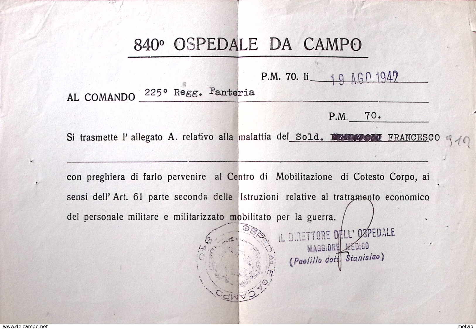 1942-Posta Militare/N 70 C.2 (24.8) E Lineare 840^ Ospedale Da Campo Su Cartolin - Poststempel