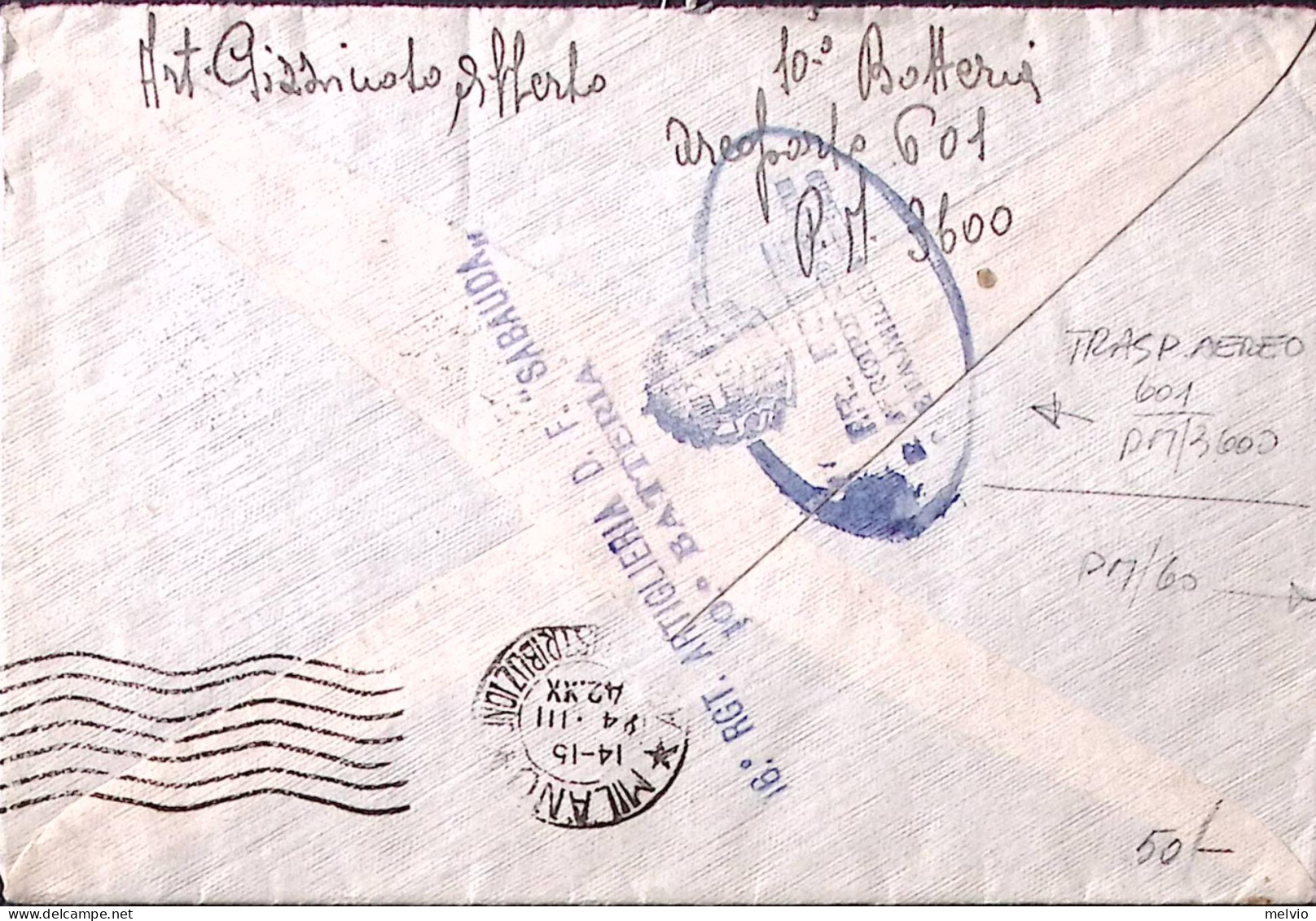 1942-AEROPORTO 601 PM 3600 Ovale E Manoscritto Al Verso Di Busta PM 50 (20.3) Af - Poststempel