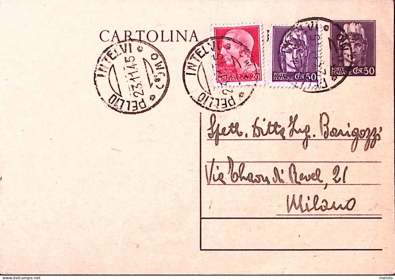 1945-Imperiale Senza Fasci C.20 E 50 Su Cartolina Postale C.50 (C120) Pellio Int - Marcophilia