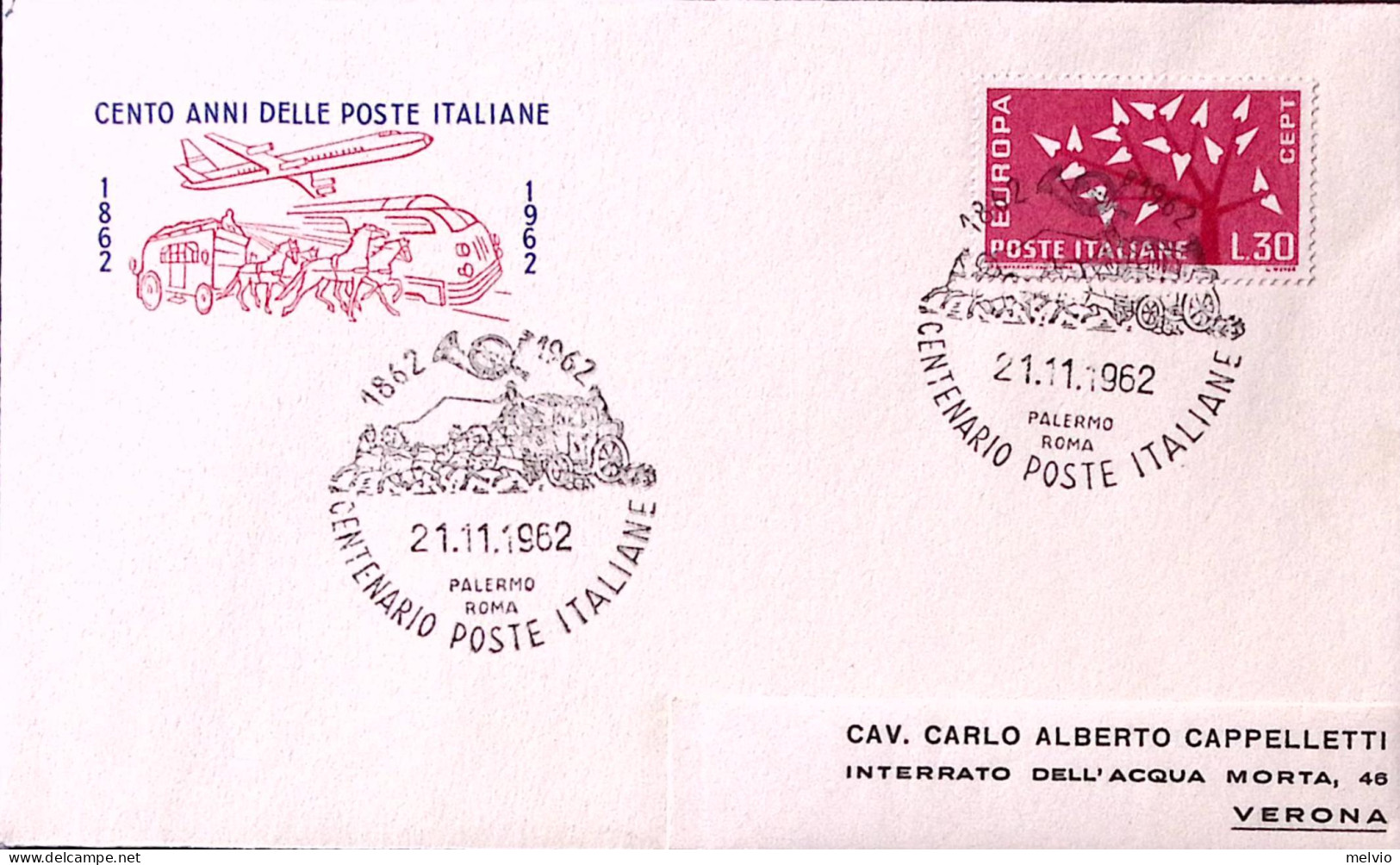 1962-cachet Centenario Poste Italiane Su Busta Illustrata - 1961-70: Poststempel