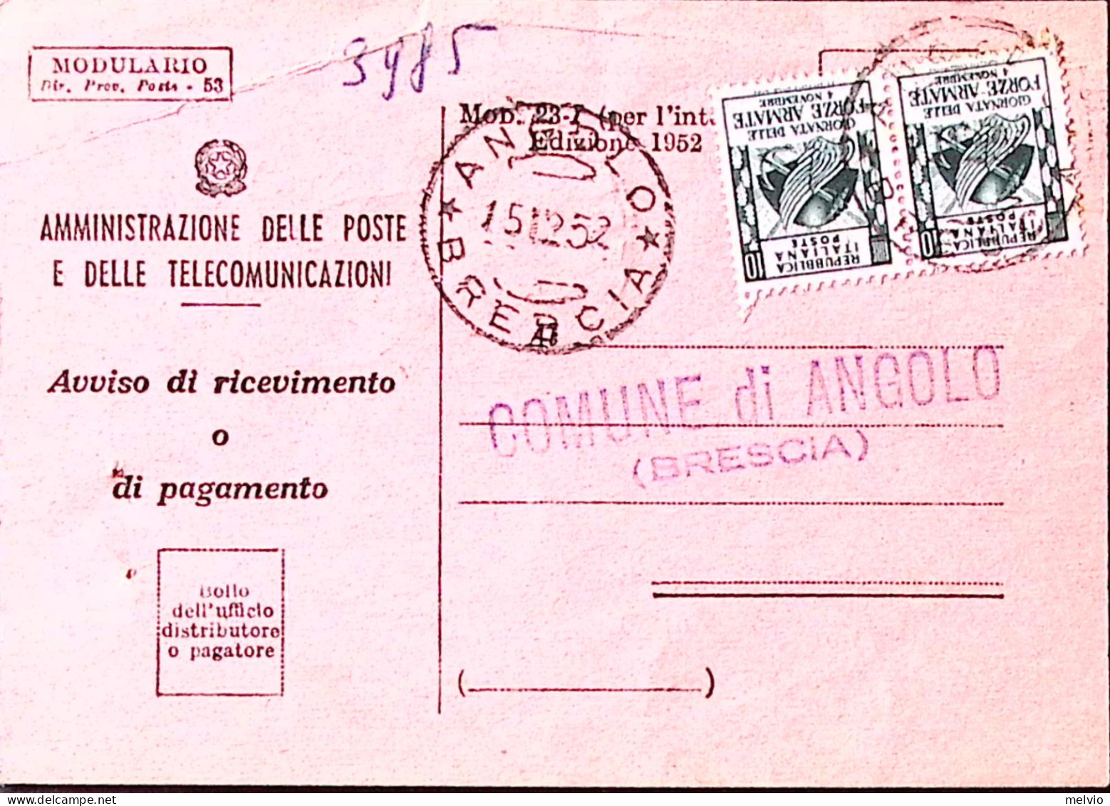 1952-FORZE ARMATE Coppia Lire 10 (699) Su Avviso Ricevimento - 1946-60: Poststempel