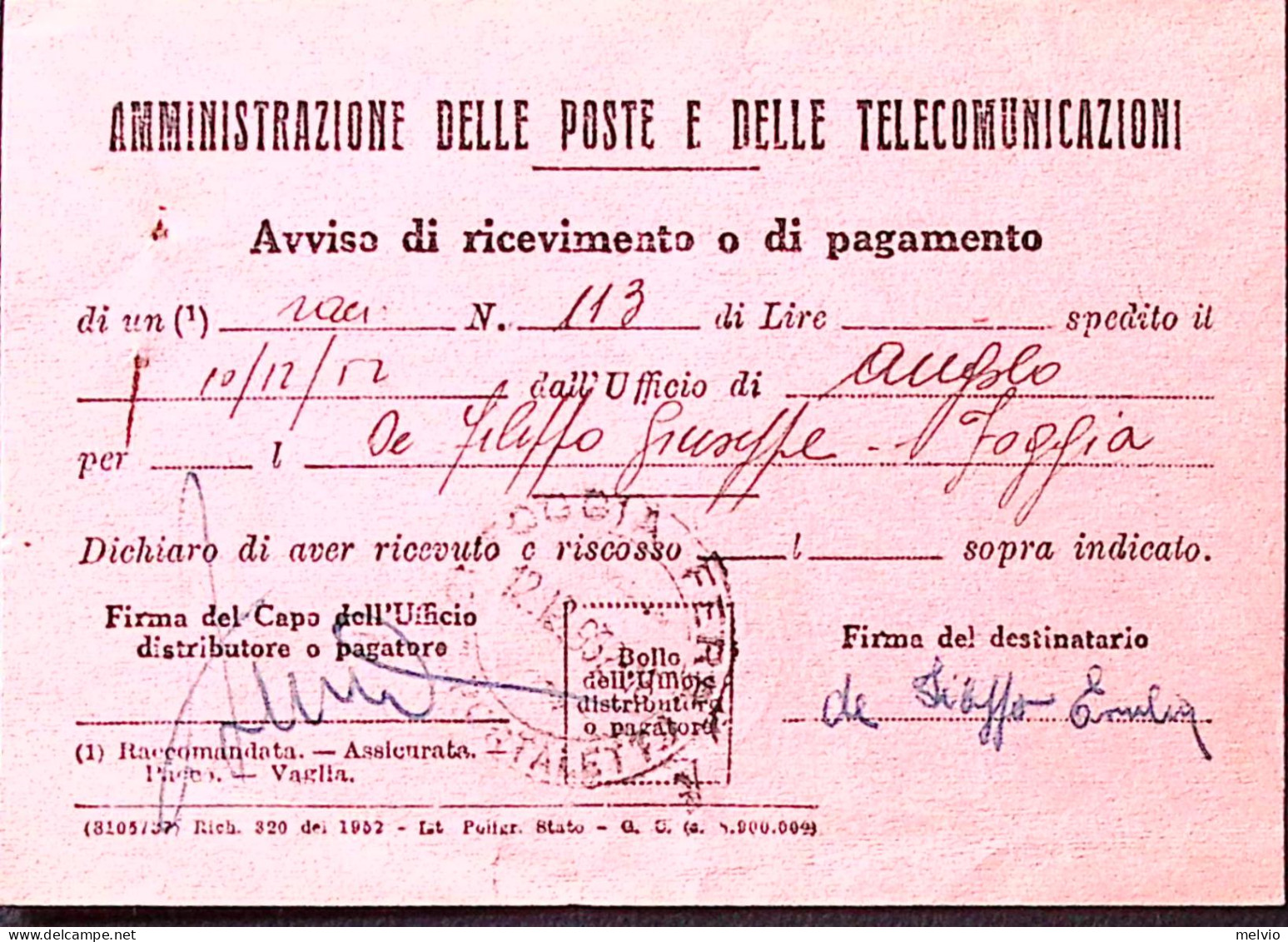 1952-FORZE ARMATE Coppia Lire 10 (699) Su Avviso Ricevimento - 1946-60: Poststempel