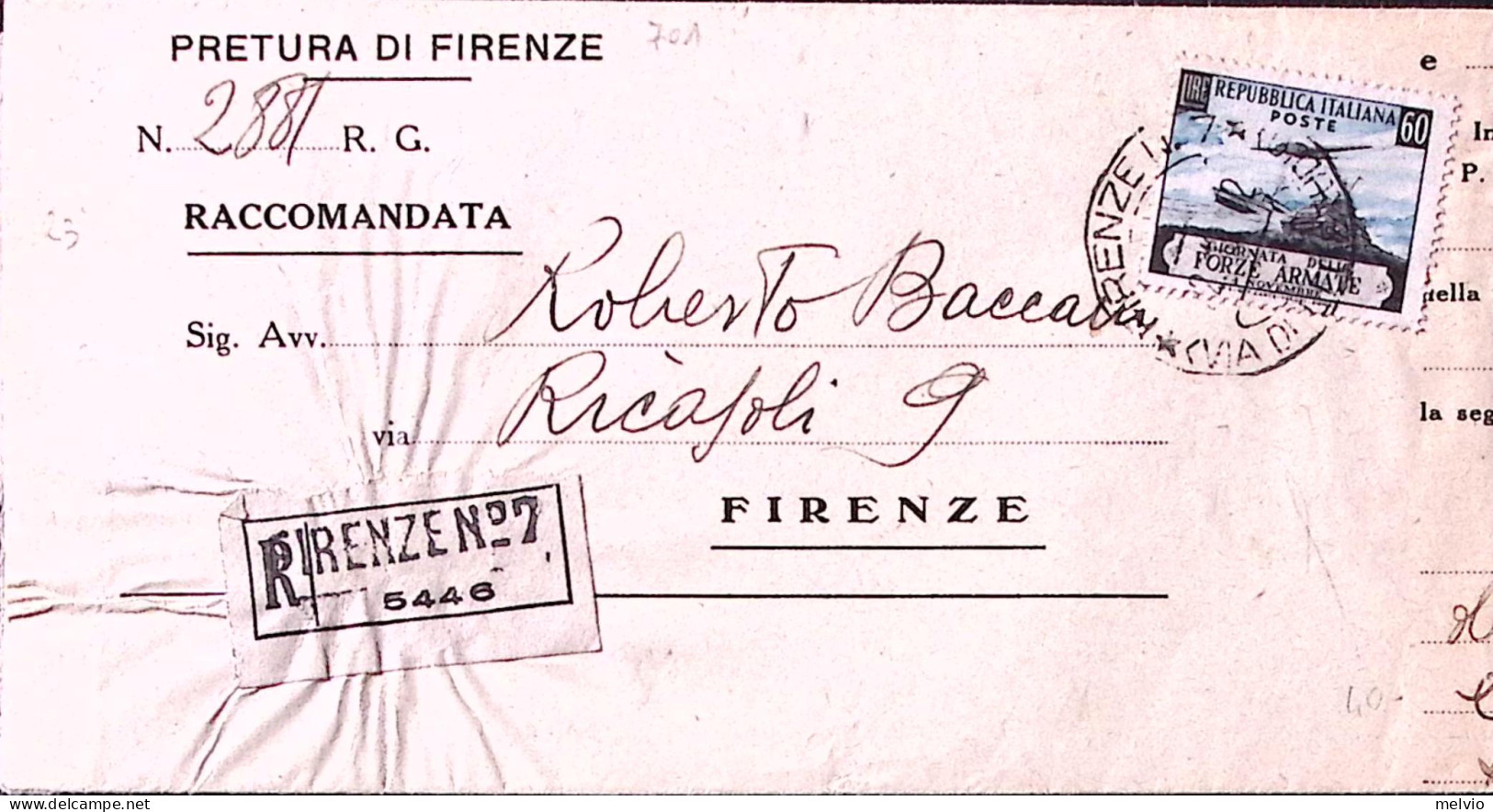 1952-FORZE ARMATE Lire 60 (701) Isolato Su Piego Raccomandato Firenze (23.10) - 1946-60: Poststempel