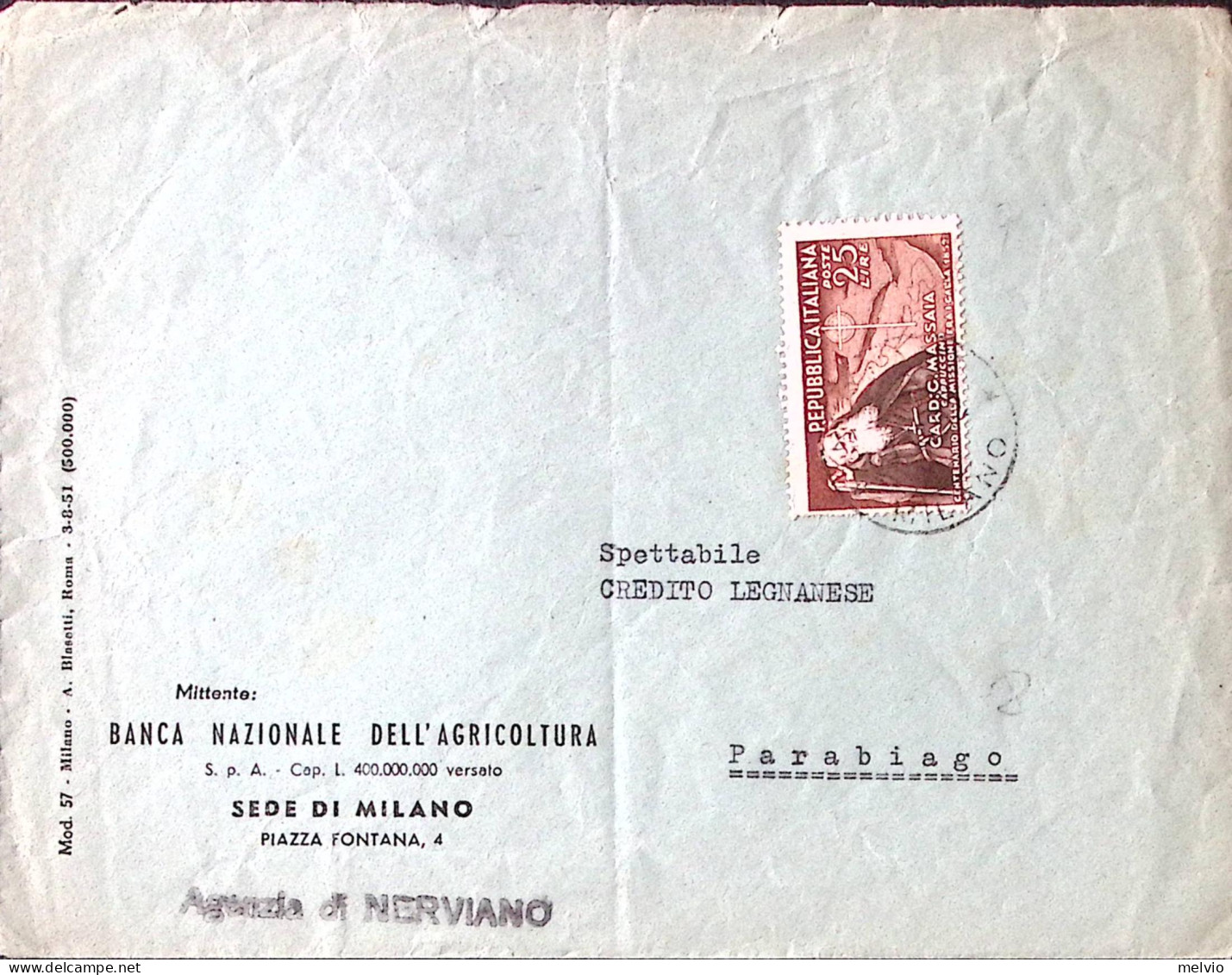 1952-CARDINAL MASSAIA Lire 25 (702) Isolato Su Busta - 1946-60: Poststempel