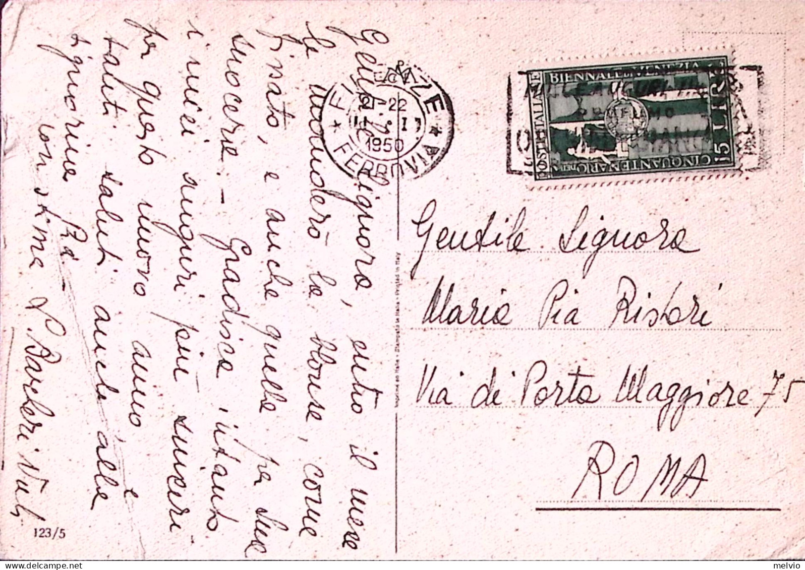 1950-Biennale Venezia Lire 15 Isolato Su Cartolina - 1946-60: Poststempel
