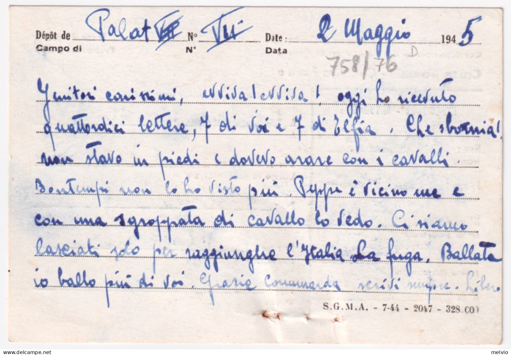 1945-DEPOT VII^Palat Manoscritto Su Cartolina Franchigia Da Prigioniero Guerra I - Poststempel