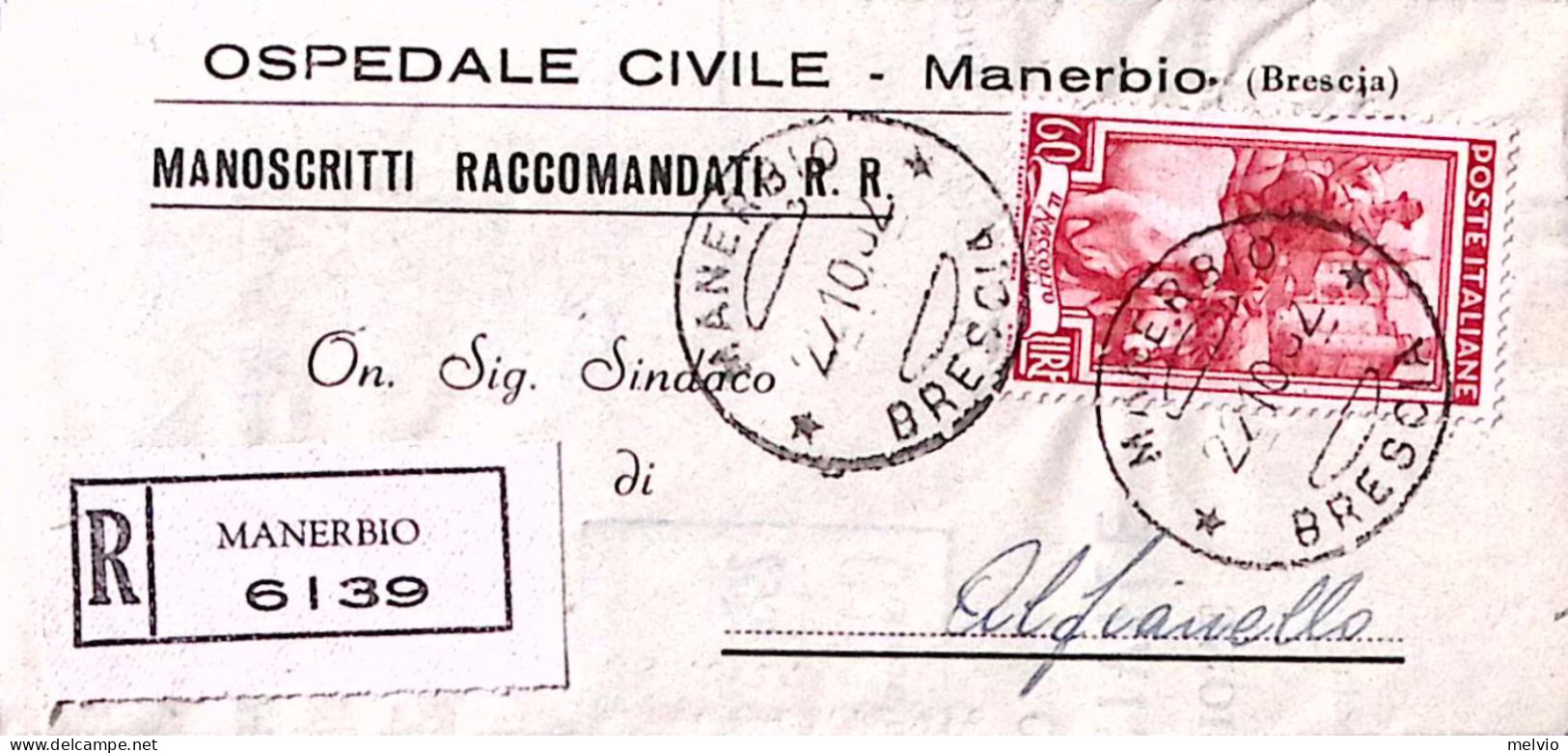 1952-ITALIA LAVORO Lire 60 (649) Isolato Su Piego Raccomandato Manerbio (27.10) - 1946-60: Poststempel