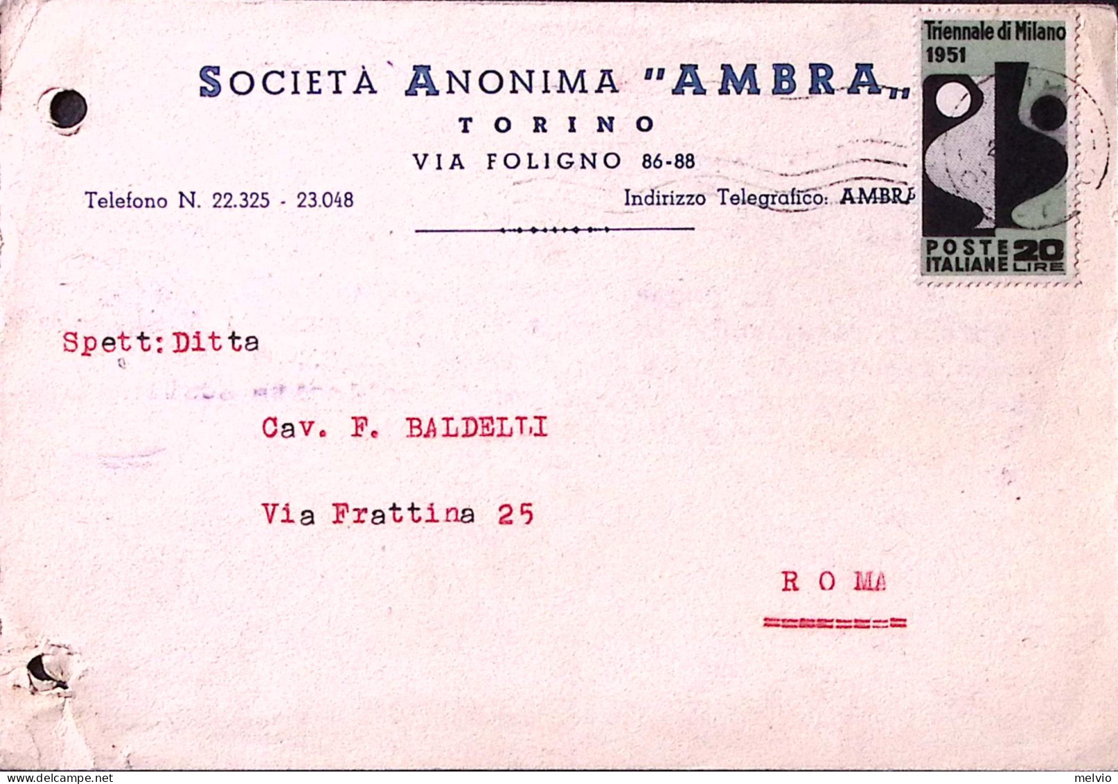 1951-TRIENNALE Lire 20 (666) Isolato Su Cartolina  Soc.anonima AMBRA Di Torino - 1946-60: Poststempel