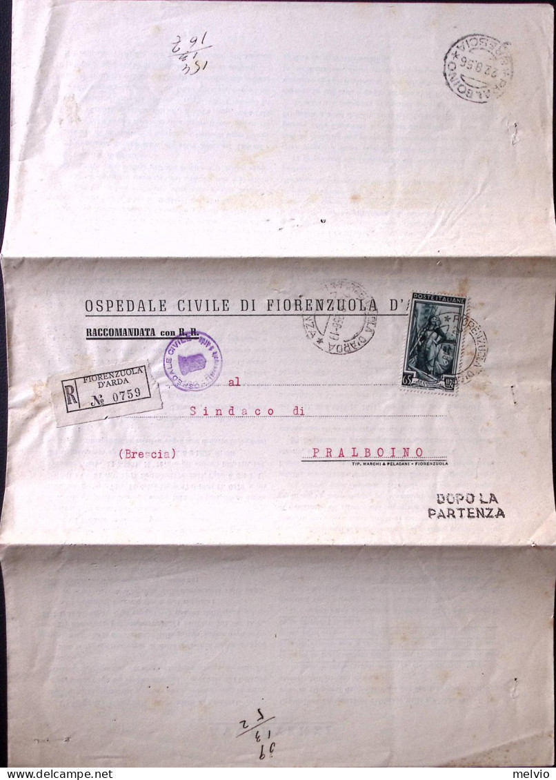 1956-ITALIA LAVORO Lire 65 (650) Isolato Su Piego Raccomandato Fiorenzuola DArda - 1946-60: Poststempel