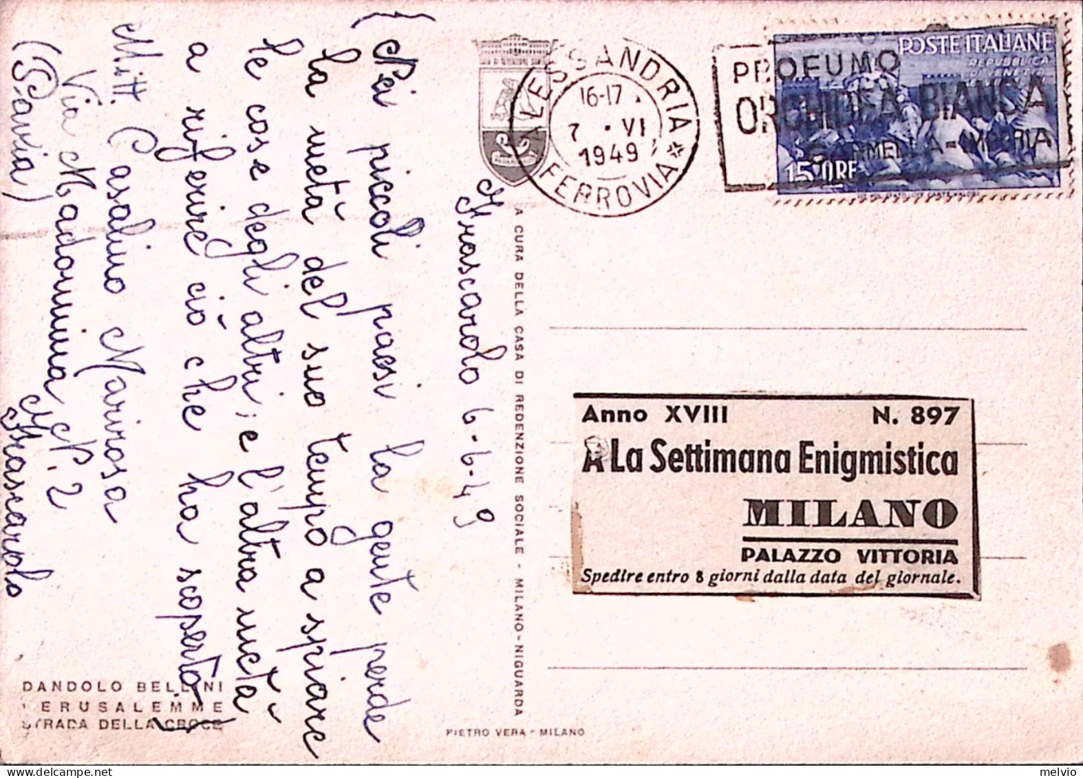 1949-MEDIEVALI Lire 15 Isolato (FUORI CORSO) Su Cartolina Alessandria (7.6) NON  - 1946-60: Poststempel