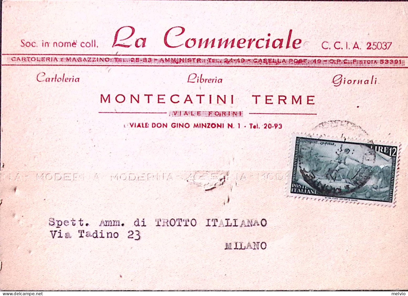 1948-Risorgimento Lire 12 Isolato Su Cartolina - 1946-60: Poststempel