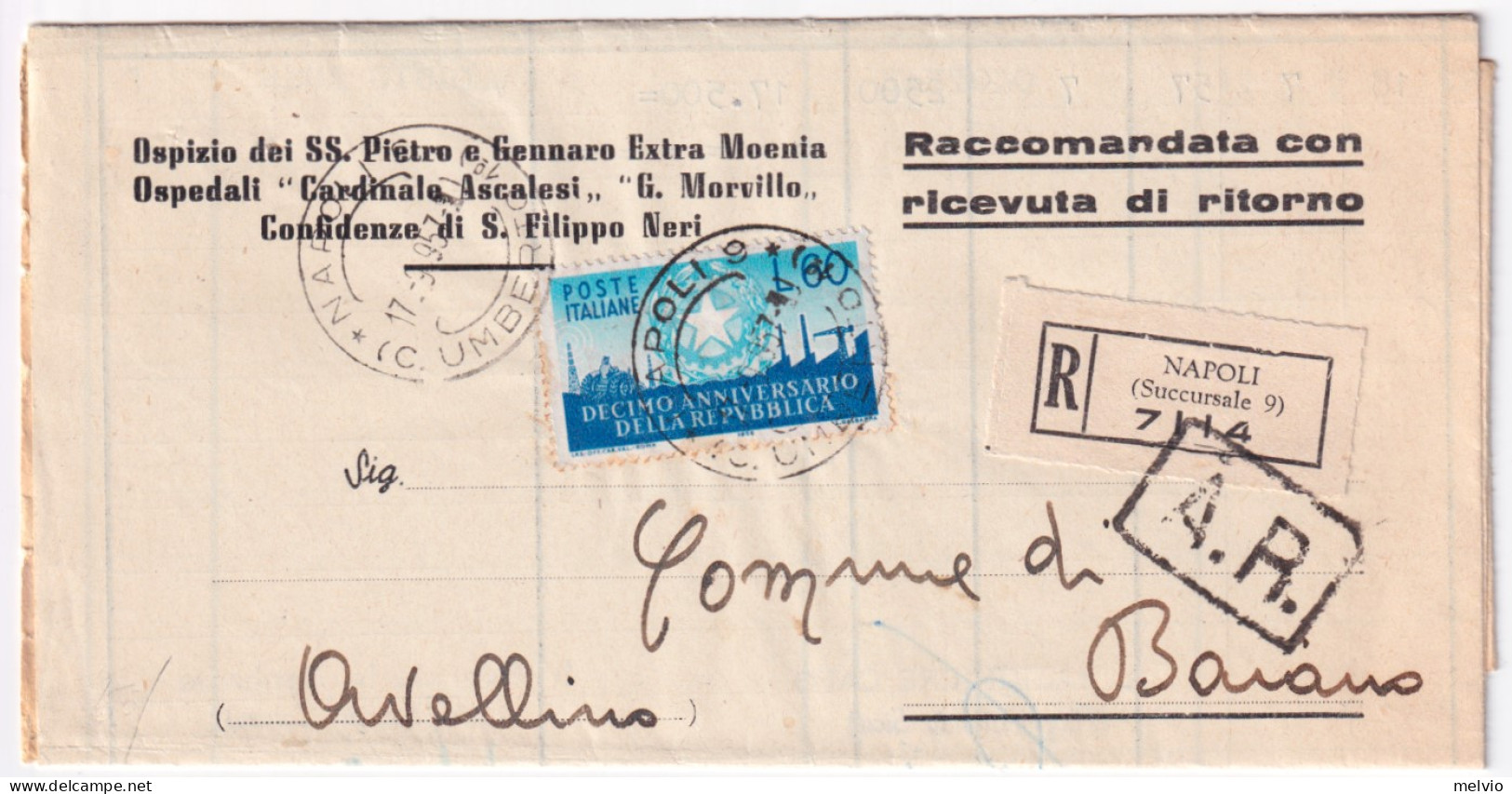 1957-X^ REPUBBLICA Lire 60 Isolato Su Piego Raccomandato Napoli (17.6) - 1946-60: Poststempel