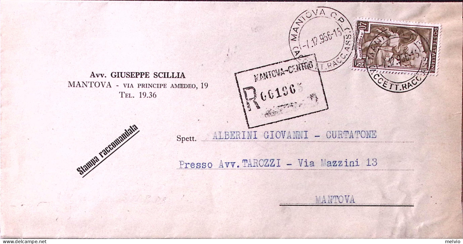 1956-ITALIA LAVORO Lire 40 (646) Isolato Su Piego Raccomandato Mantova (7.12) - 1946-60: Poststempel