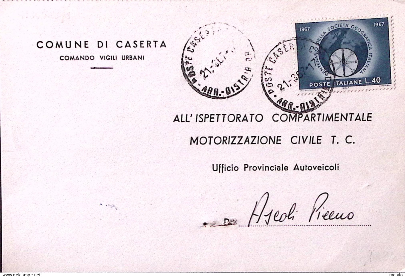 1967-SOCIETA' 'GEOGRAFICA Lire 40 Isolato Su Cartolina - 1961-70: Poststempel