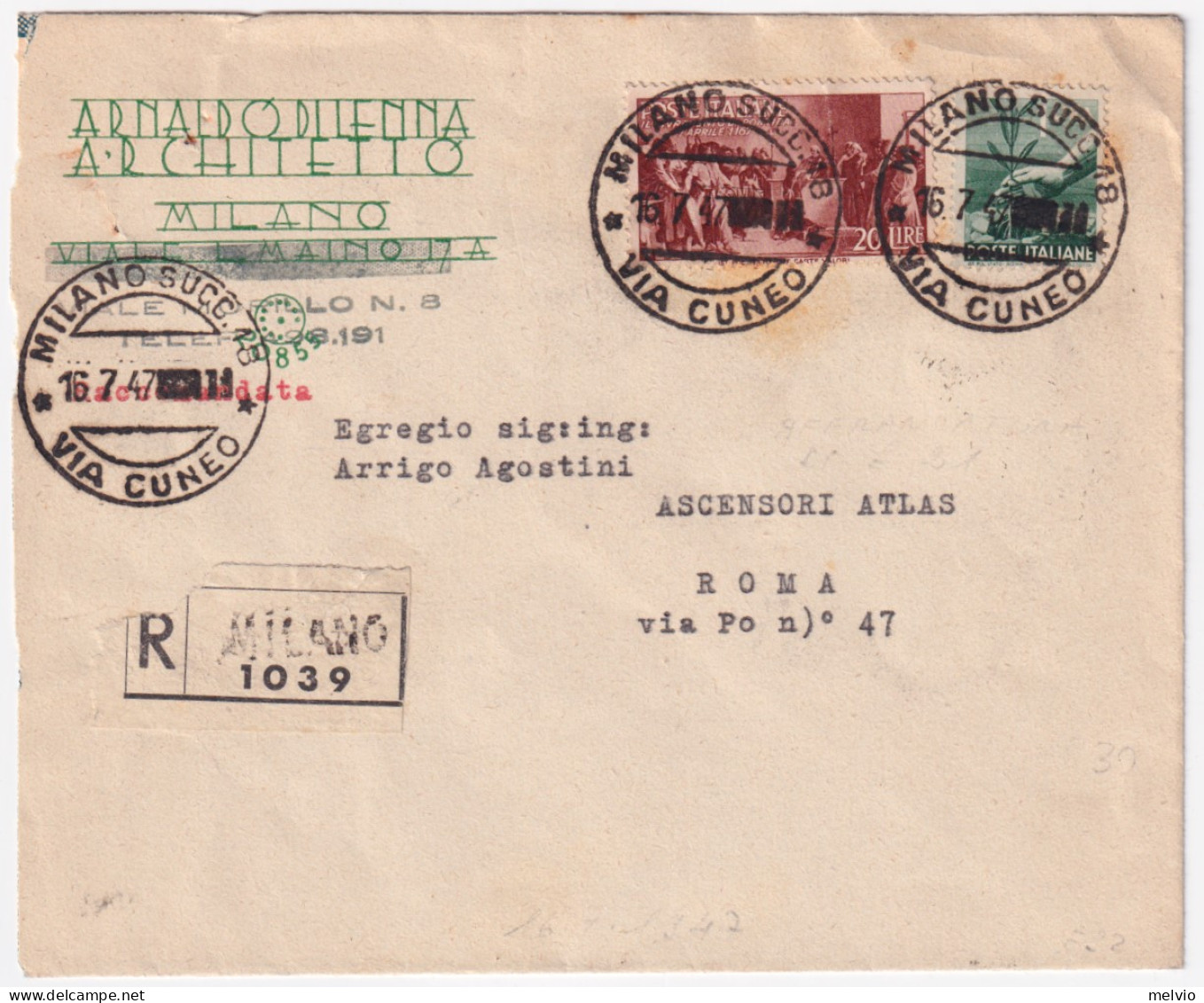 1947-REPUBBLICHE MARINARE Lire 20 + Democratica Lire 1 (550+573) Su Raccomandata - 1946-60: Poststempel