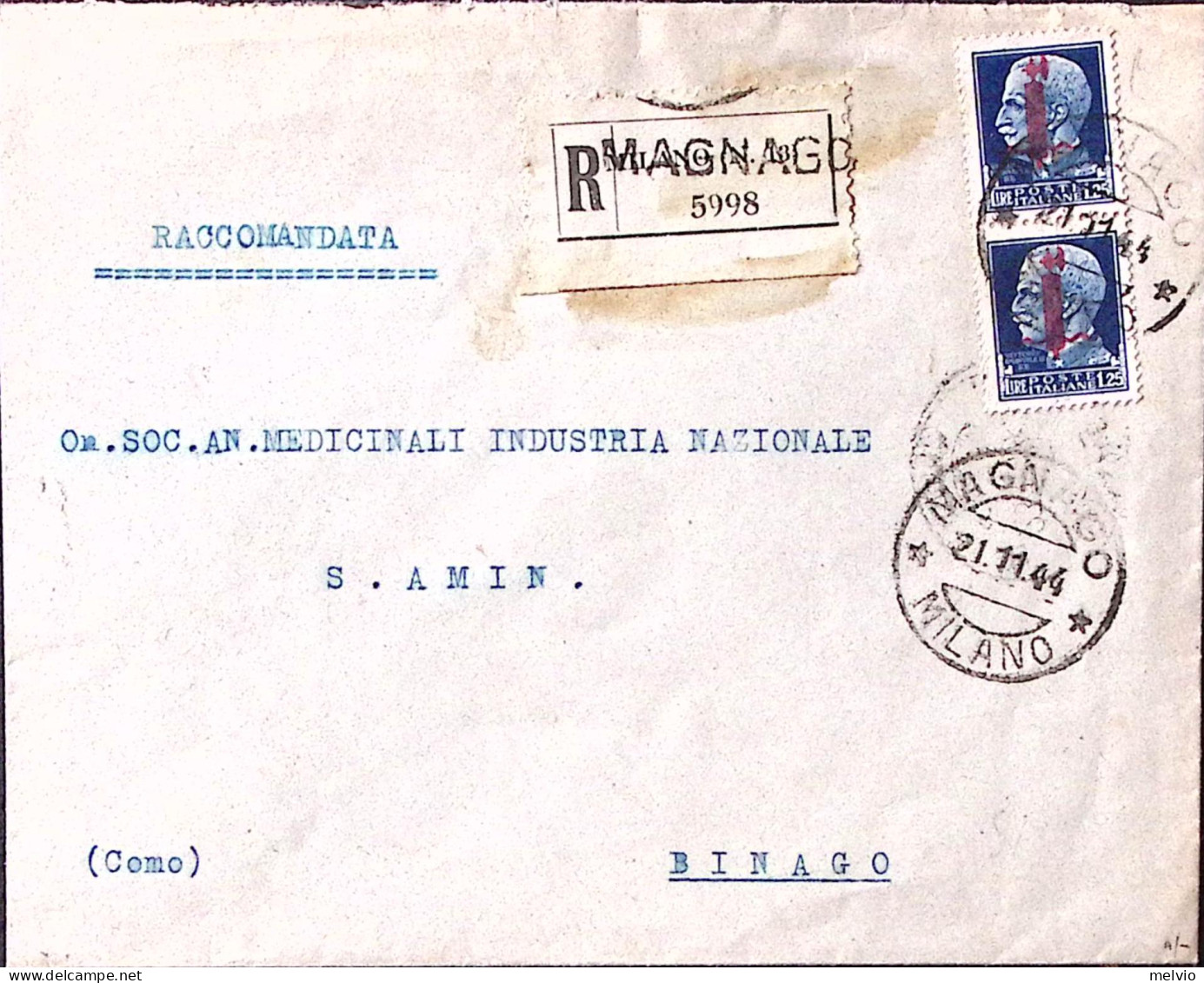 1944-Imperiale Sopr. RSI Coppia Lire 1,25 (494) Su Raccomandata Magnago (21.11) - Poststempel