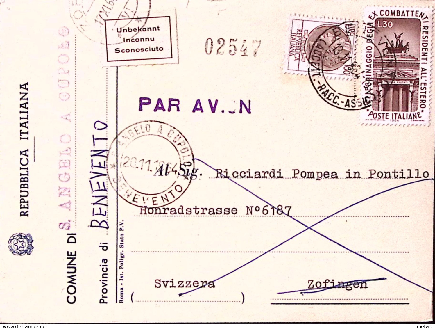 1964-EX COMBATTENTI Lire 30 + Siracusana Lire 100 Su Cartolina Via Aerea S. Ange - 1961-70: Poststempel