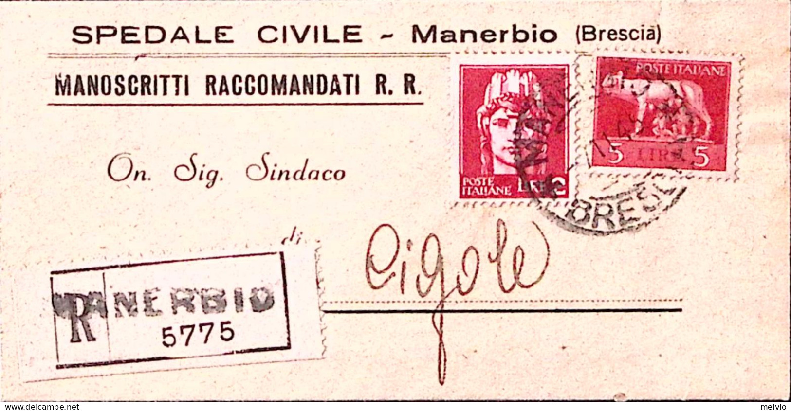 1945-Imperiale Senza Fasci Lire 2 E 5 (534+541) Su Piego Raccomandato Manerbio ( - Storia Postale