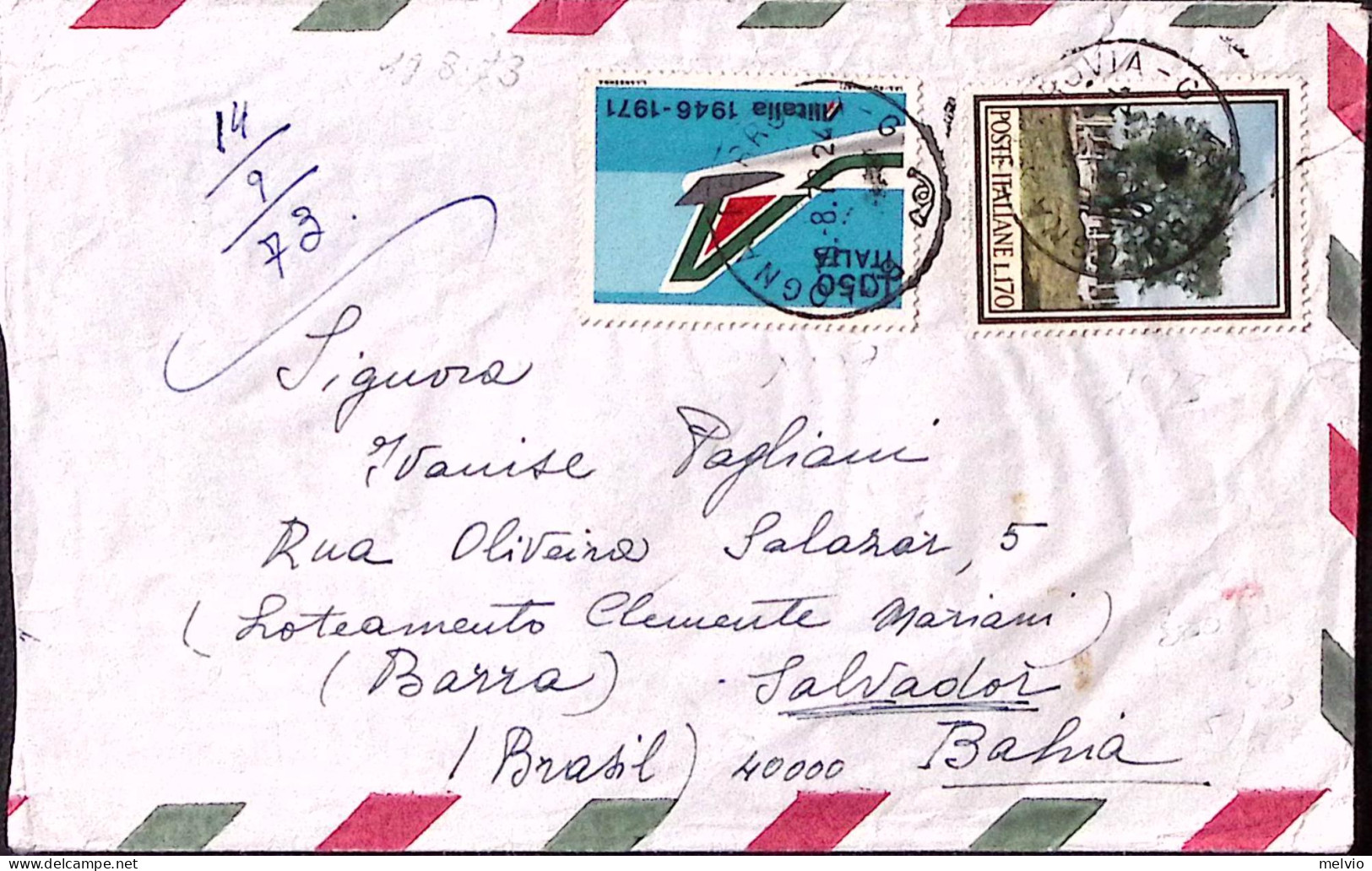 1973-ALITALIA Lire 150 + PARCHI Lire 170 Su Busta Via Aerea Per Il Brasile - 1971-80: Poststempel